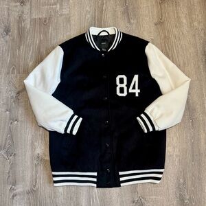 Forever 21 Black and White Varsity Jacket | 84 Patch Snap Button - Size L